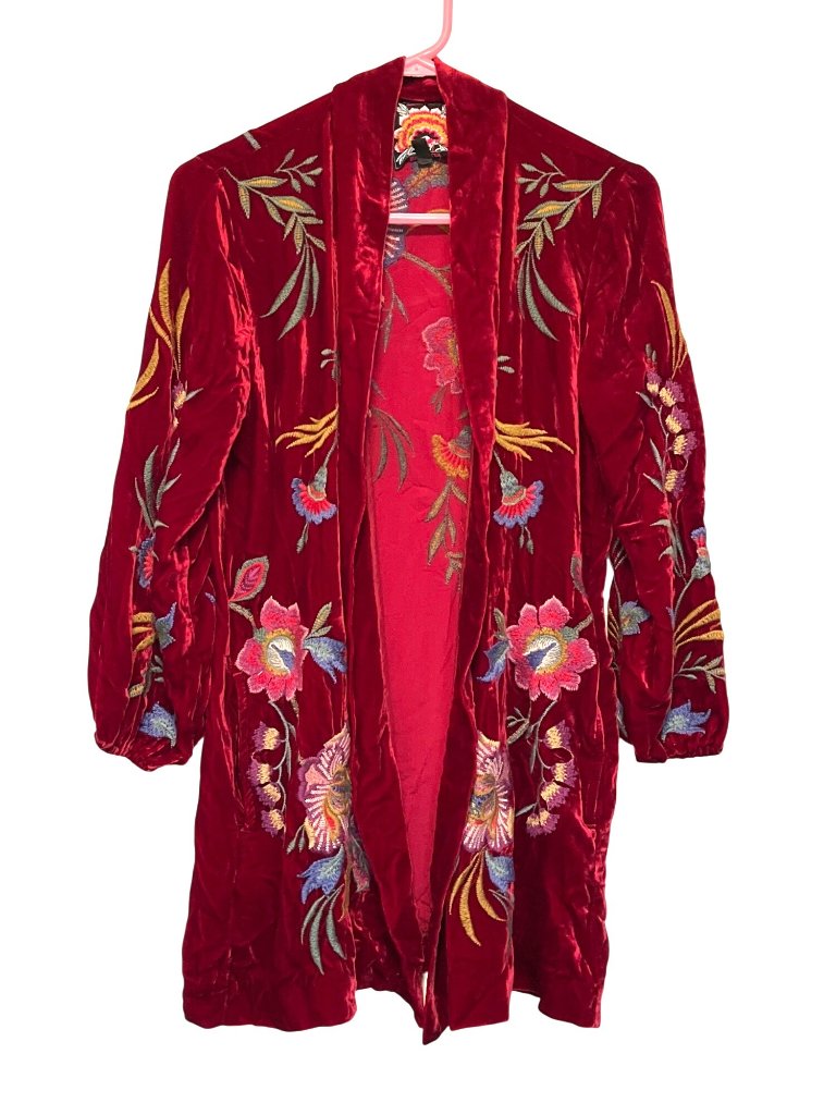 Johnny Was Sidonia Red Velvet Embroidered Kimono With Floral Bishop Sleeves Xs